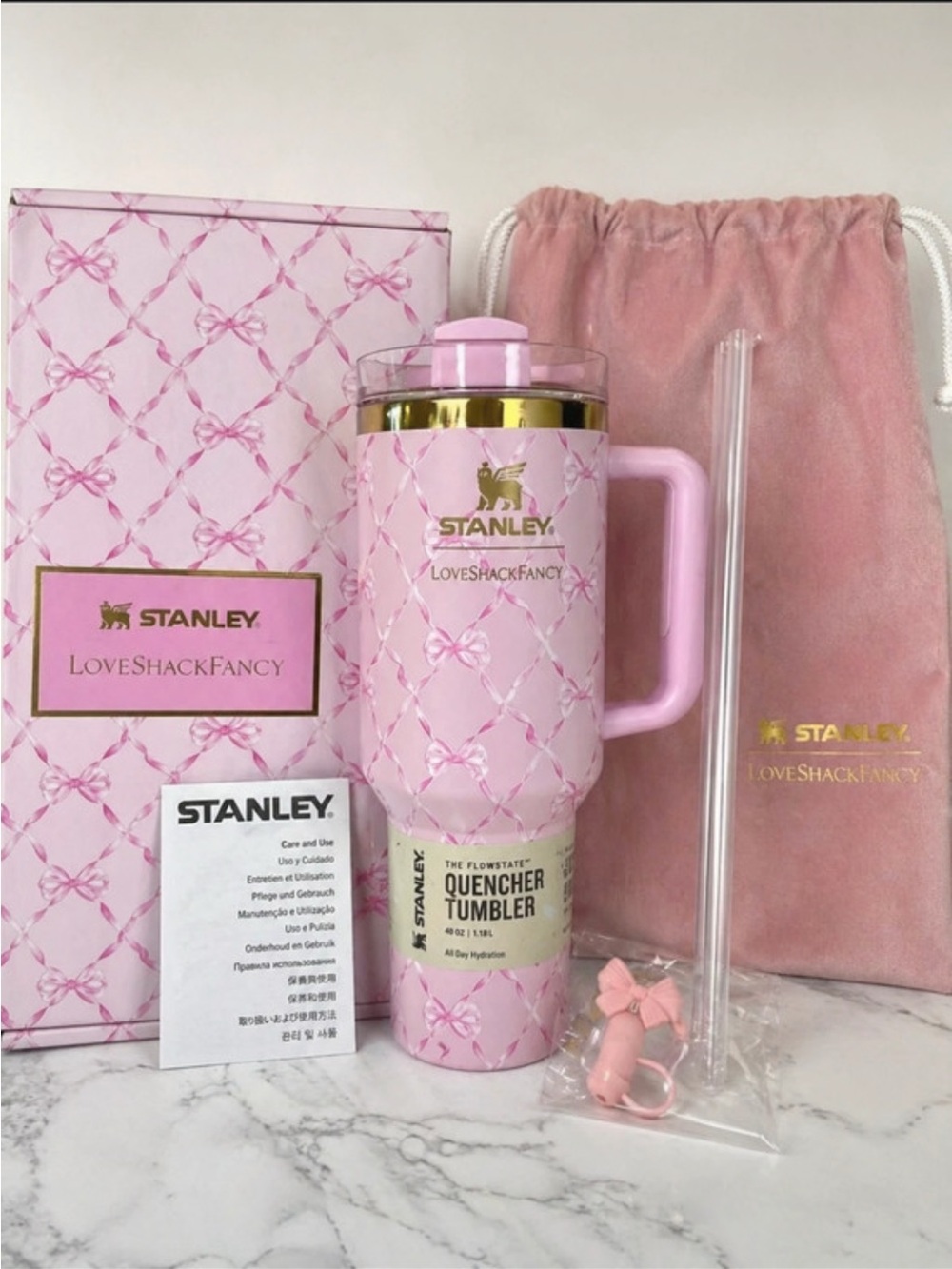Stanley Pink Bow Pattern Quencher Tumbler with Gold Accents-READ NOTES